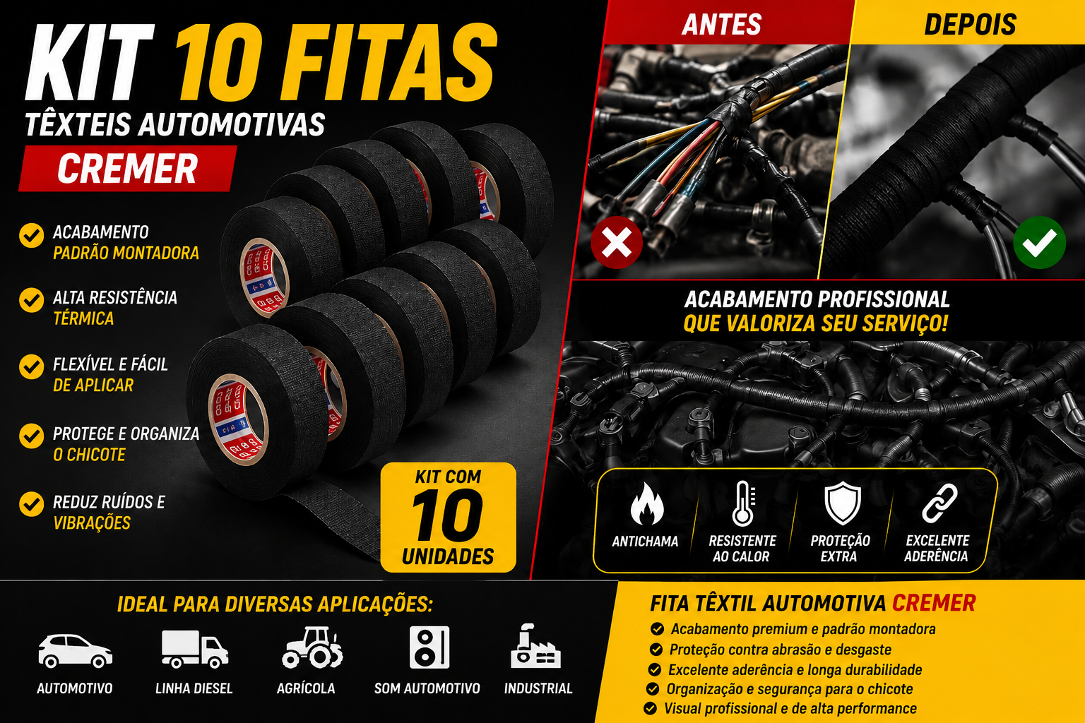 Kit com 10 Rolos de Fita Isolante Tecido Automotiva para Chicote