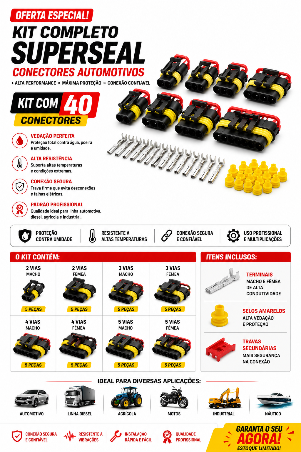 Kit Completo Conectores Superseal 1.5 — 2 a 5 Vias com Terminais e Vedação