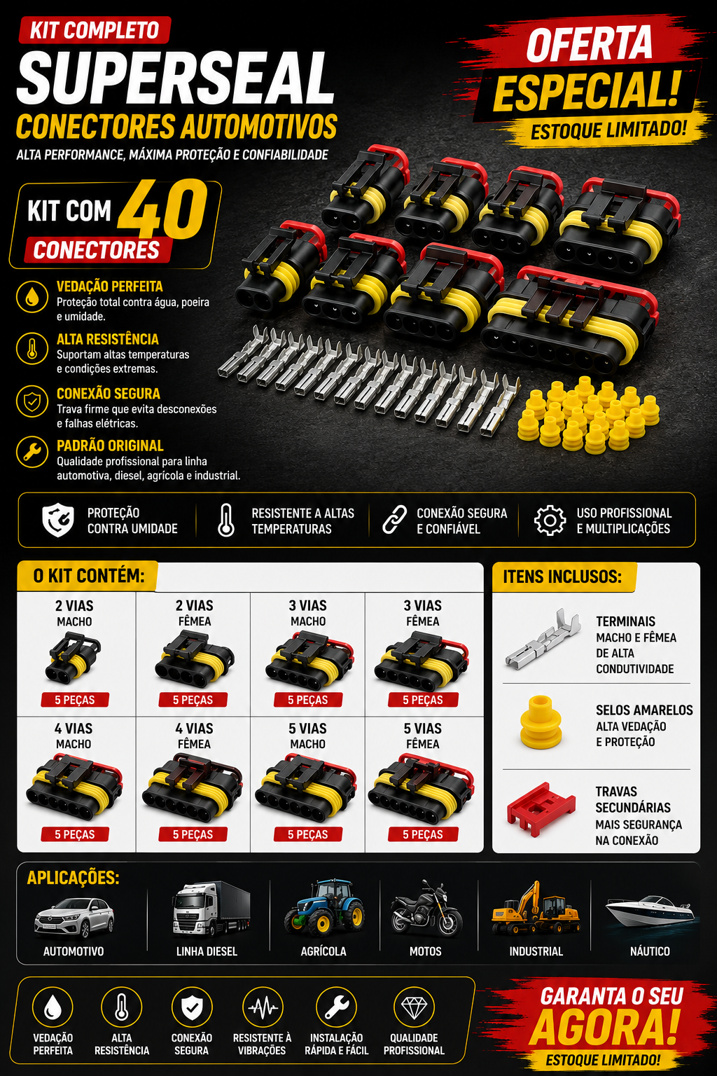 Kit Completo Conectores Superseal 1.5 — 2 a 5 Vias com Terminais e Vedação