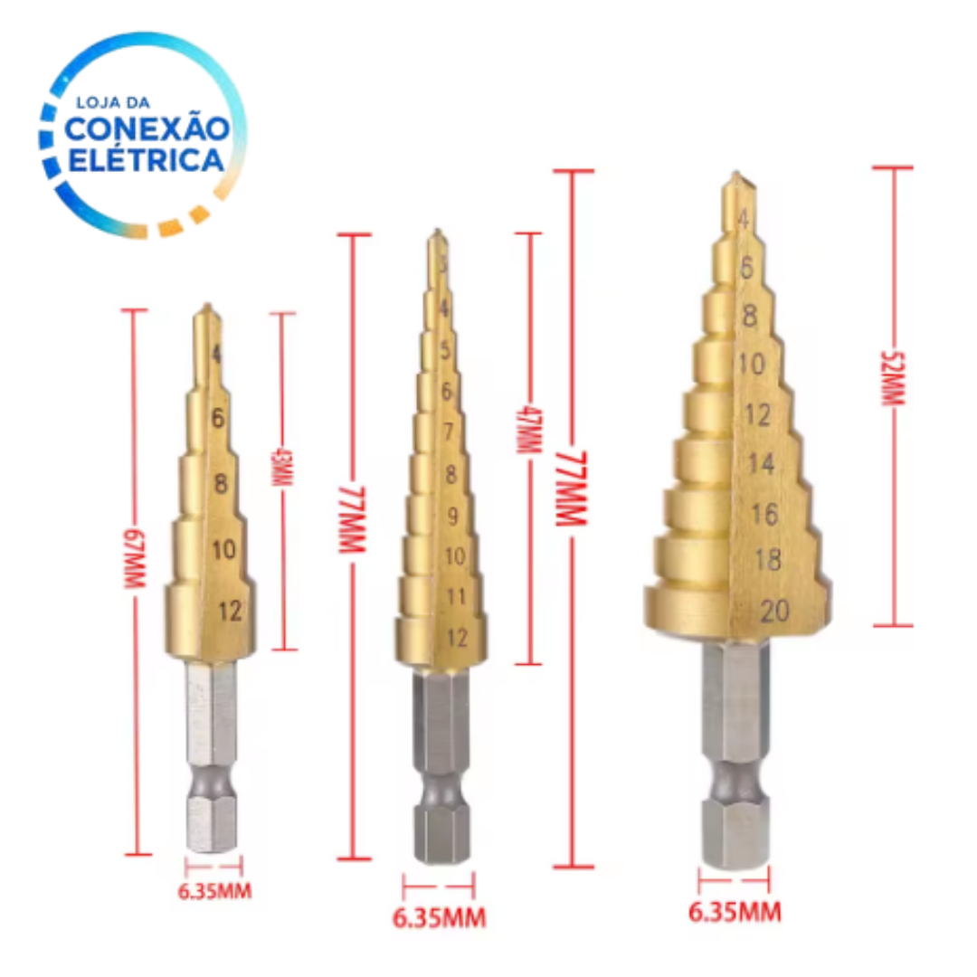 Kit 3 Brocas Escalonada 3-12mm, 4-12mm, 4-20mm - Loja da Conexão Elétrica