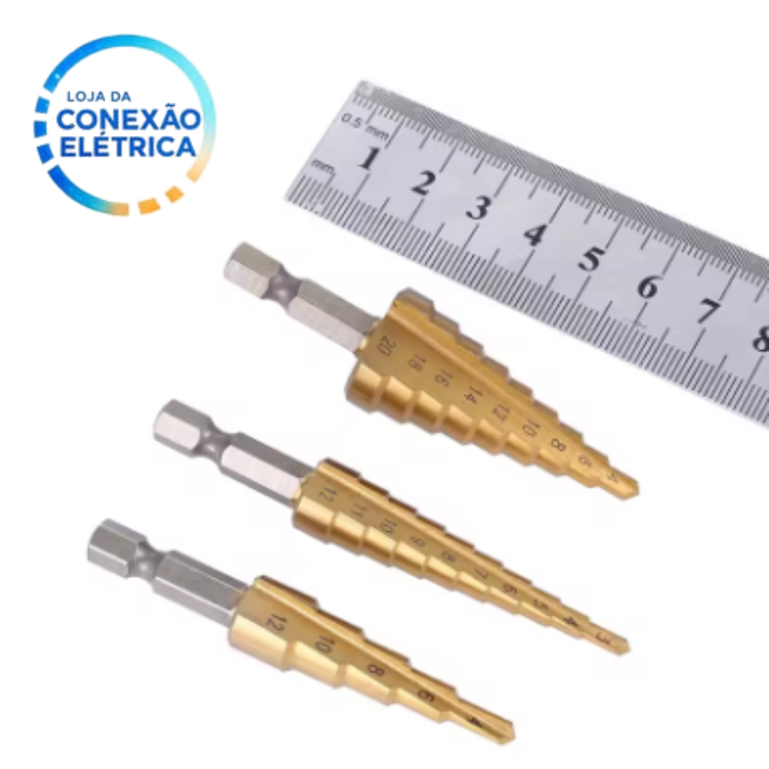 Kit 3 Brocas Escalonada 3-12mm, 4-12mm, 4-20mm - Loja da Conexão Elétrica