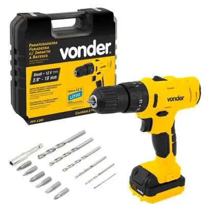 Parafusadeira/Furadeira de Impacto PFV120I a Bateria 12V 3/8 Pol. com Carregador Bivolt Maleta e Acessórios VONDER-PFV120I