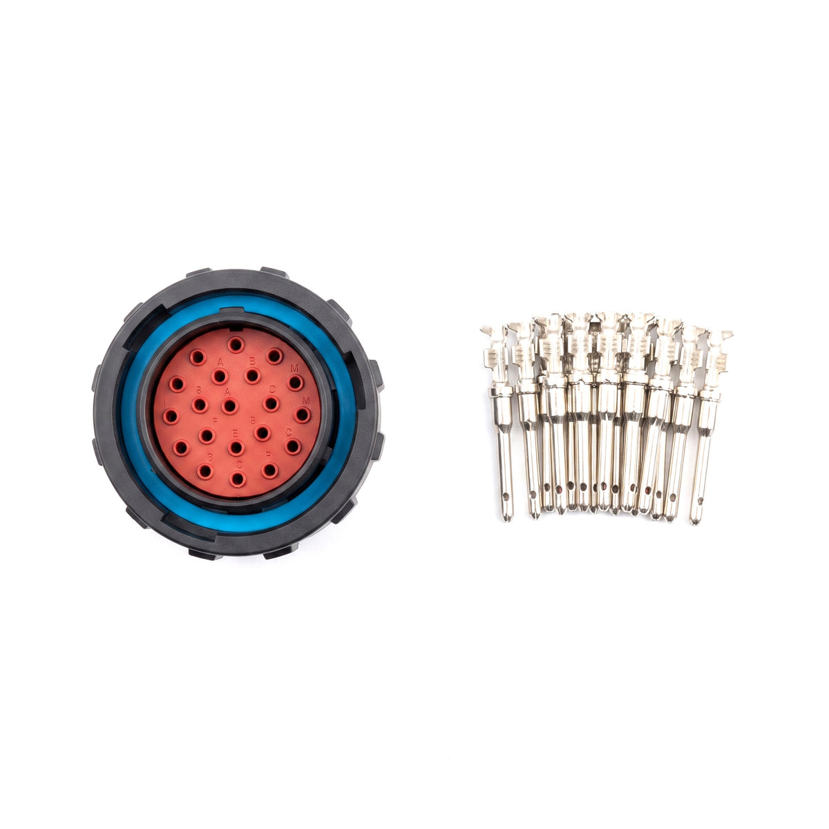 Kit AHDP 23 vias macho: conector circular preto com vedação azul e 23 terminais macho size 16 sobre fundo branco