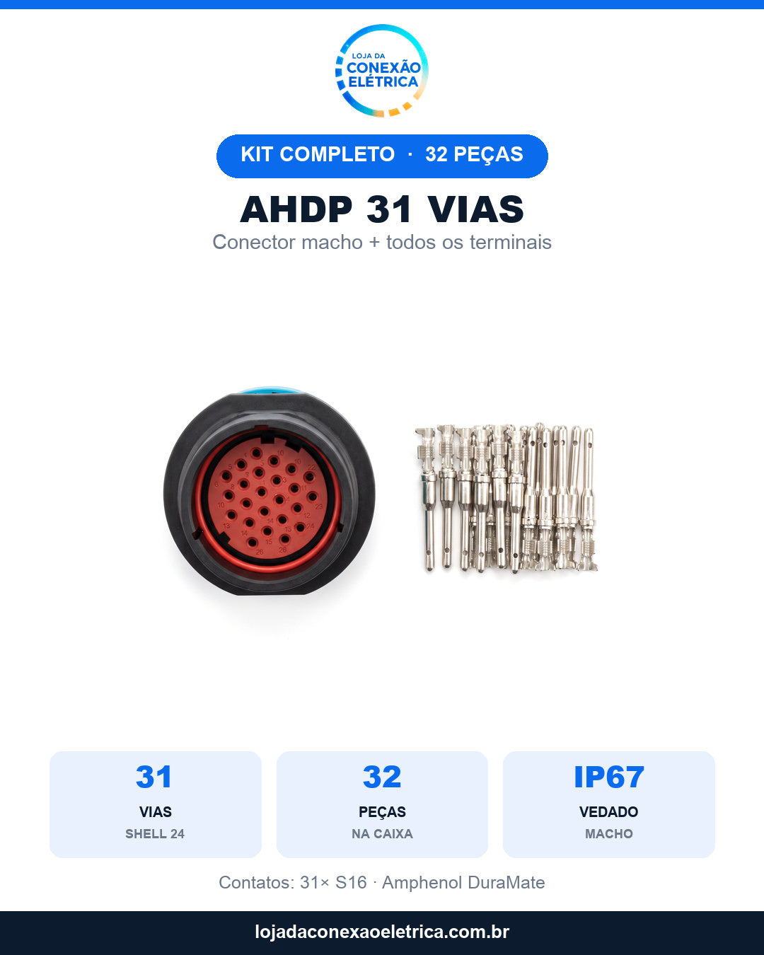Peça de oferta do Kit AHDP 31 vias macho com as especificações