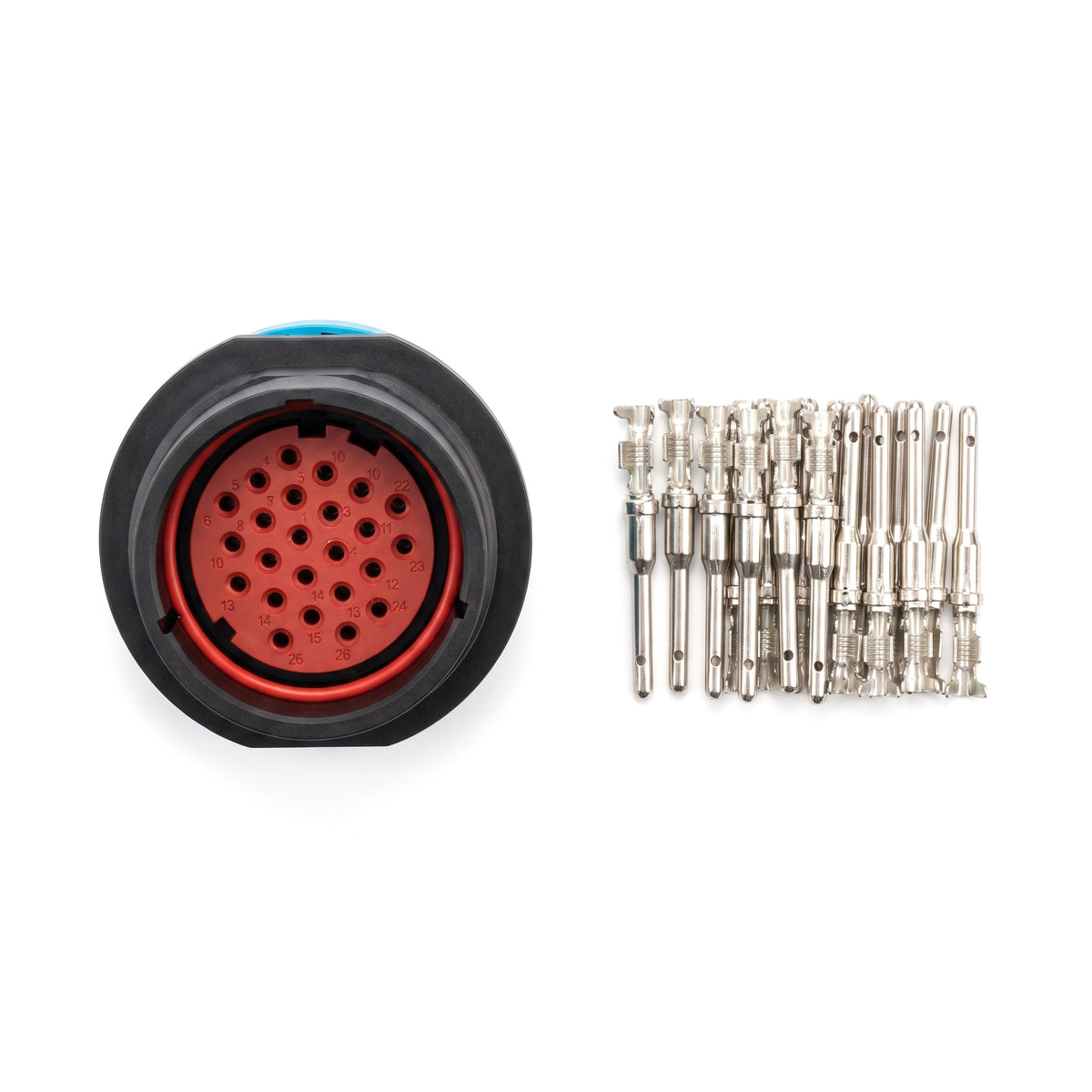 Kit AHDP 31 vias macho: conector circular preto com vedação azul e 31 terminais macho size 16 sobre fundo branco