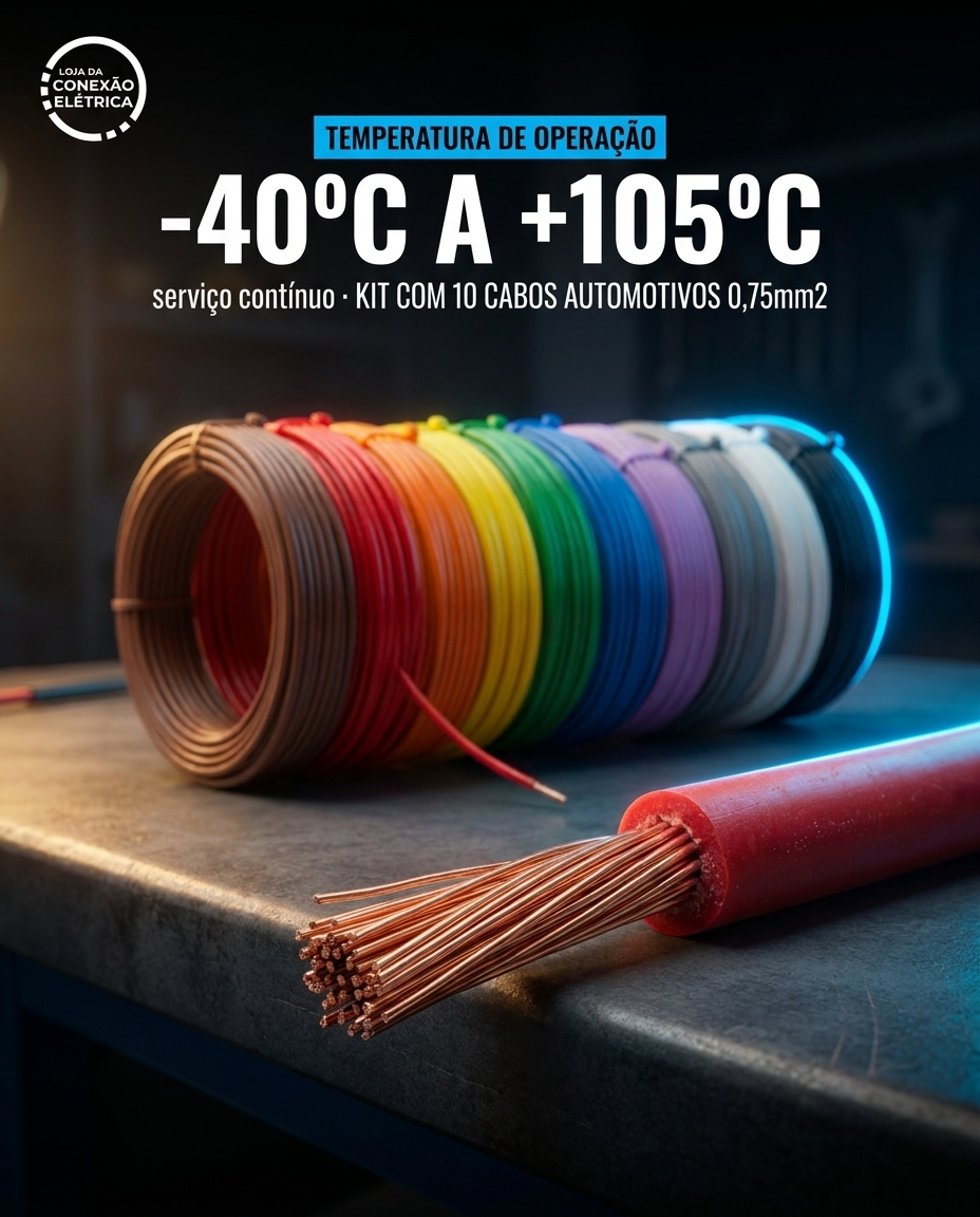KIT COM 10 CABOS AUTOMOTIVOS 0,75mm2 – 10 METROS CADA (TOTAL 100 METROS)