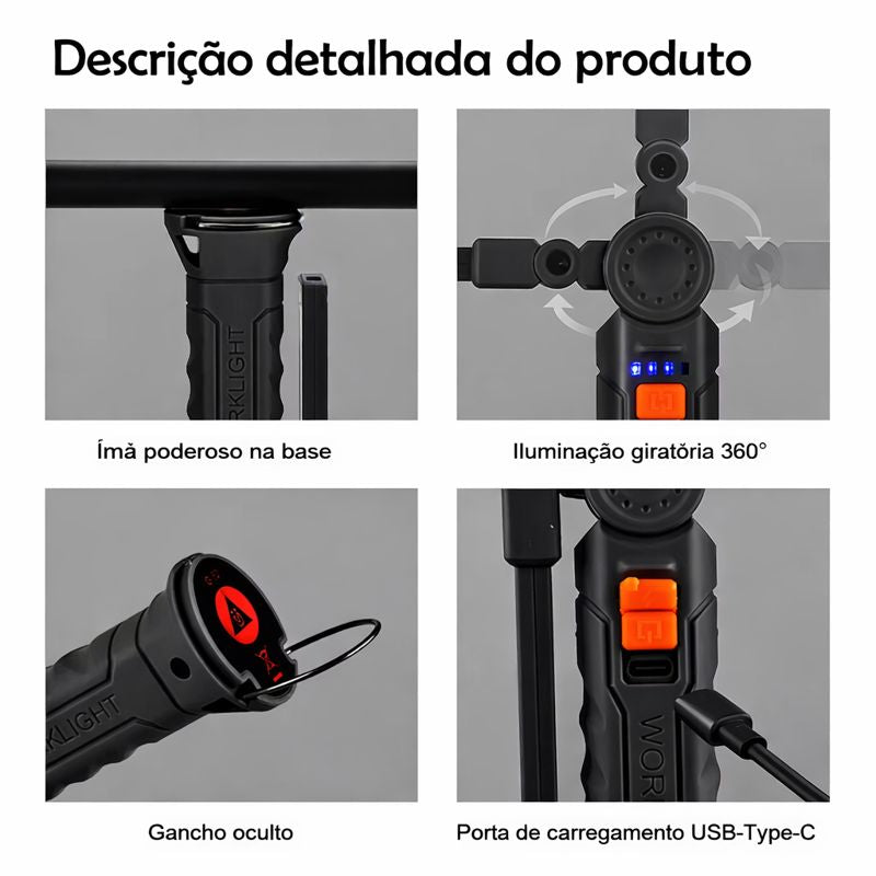 Lanterna LED Recarregável de Trabalho – Compacta, Potente e Versátil