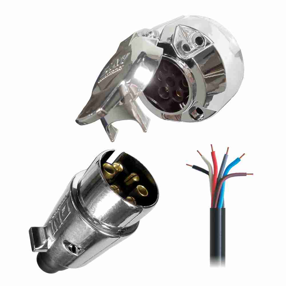 DNI 8369 - Kit Tomada Elétrica Redonda p/ Engate – 12/24V + Cabo PP 6×1 – 5m