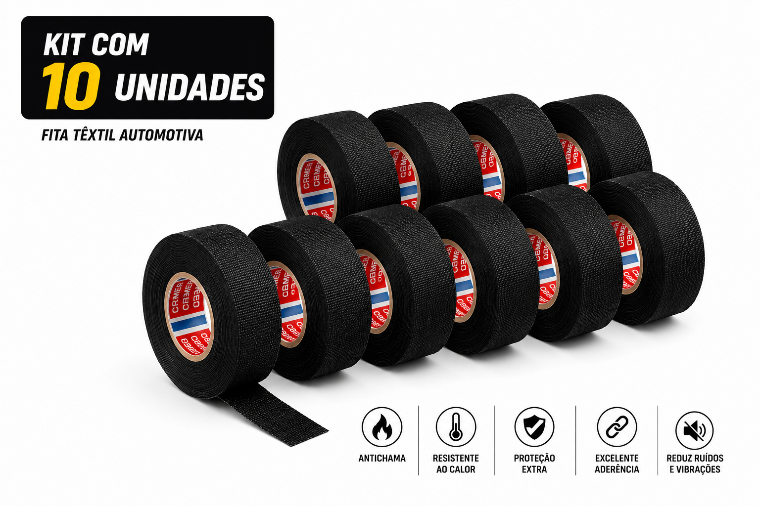 Kit com 10 Rolos de Fita Isolante Tecido Automotiva para Chicote