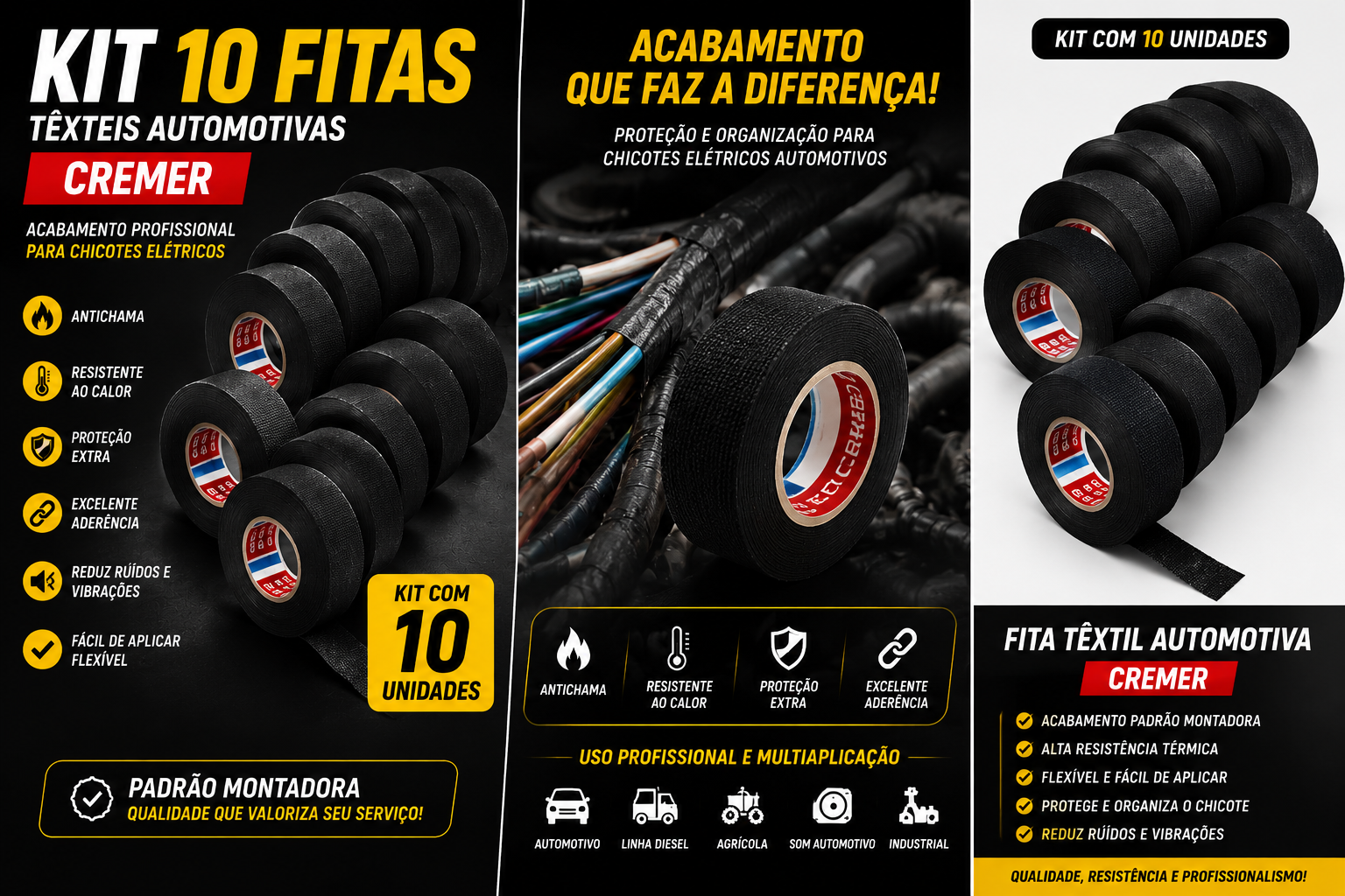 Kit com 10 Rolos de Fita Isolante Tecido Automotiva para Chicote