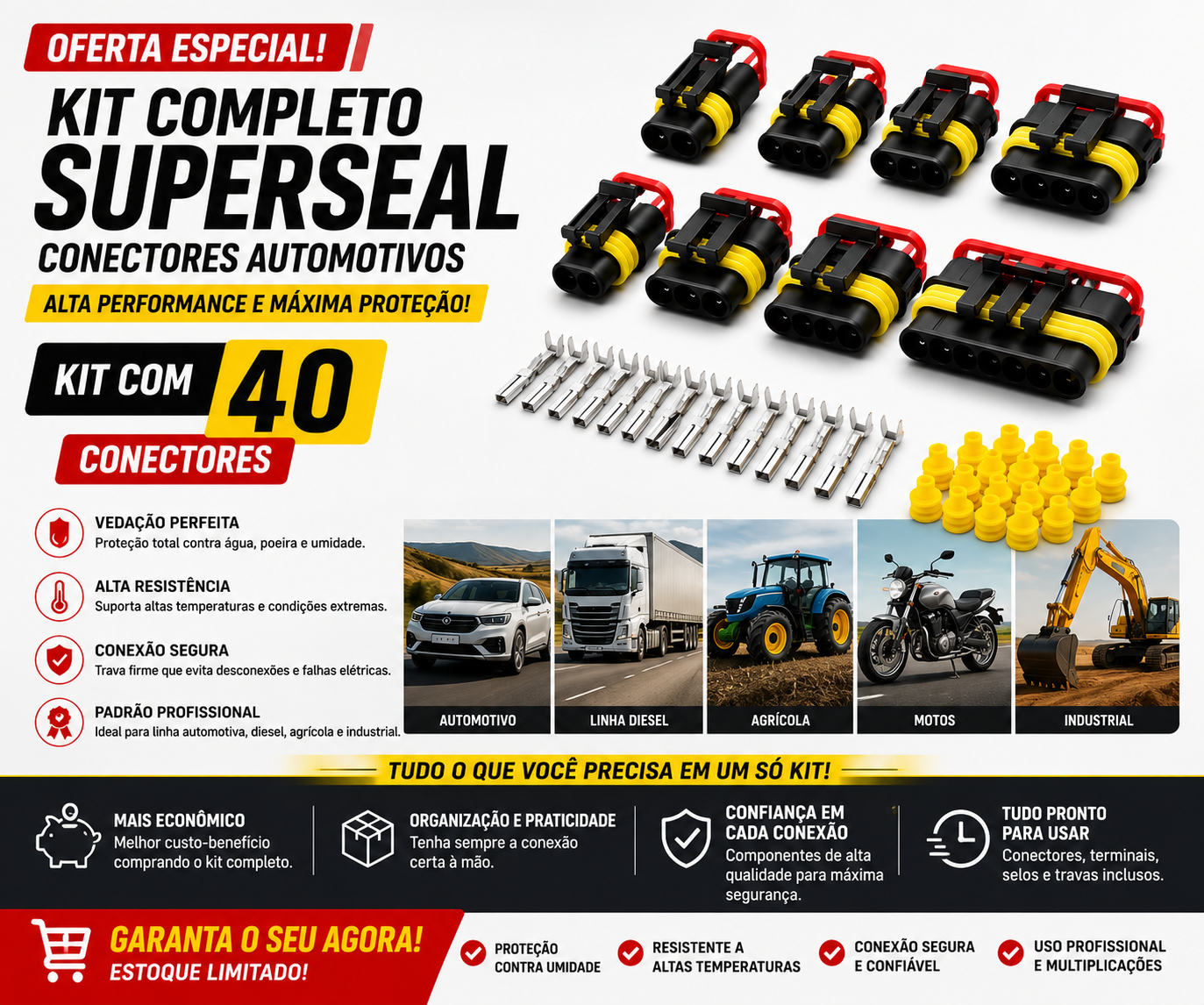 Kit Completo Conectores Superseal 1.5 — 2 a 5 Vias com Terminais e Vedação