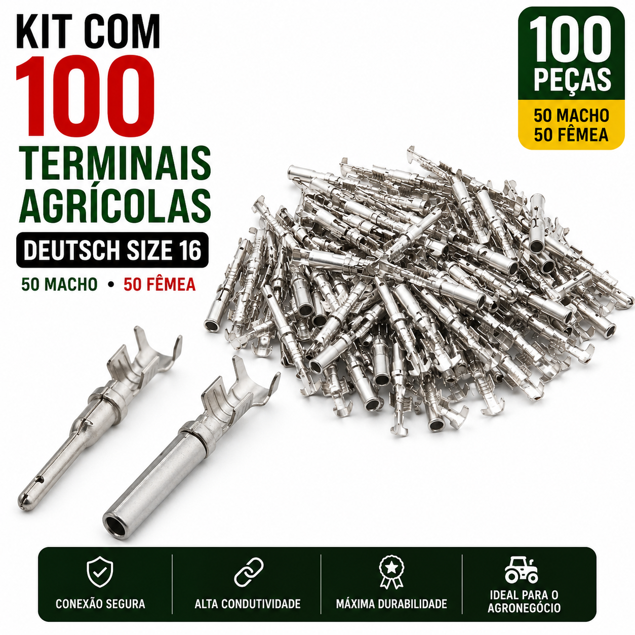 Kit com 100 Terminais Agrícolas Deutsch Size 16 - Macho e Fêmea