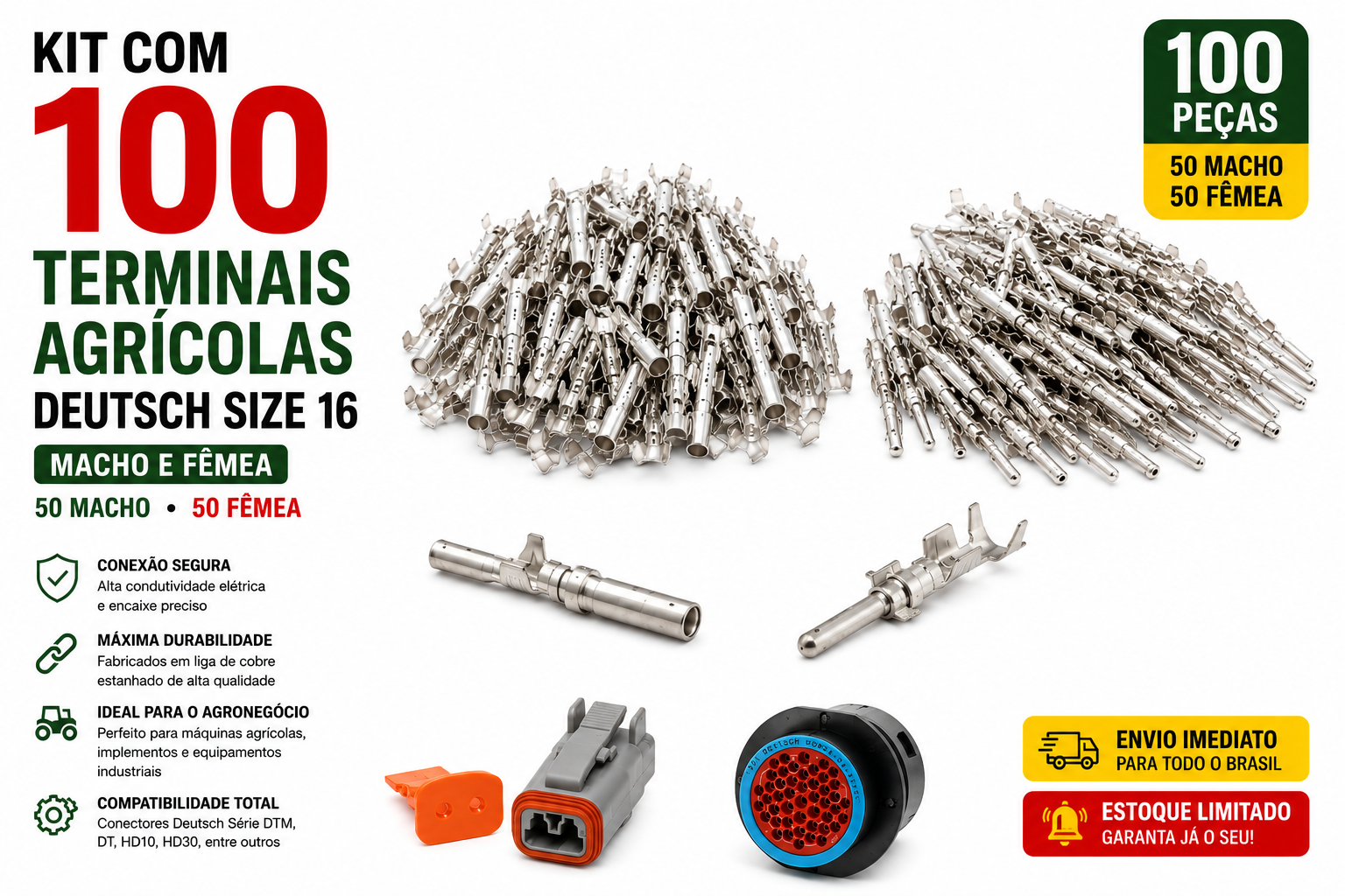 Kit com 100 Terminais Agrícolas Deutsch Size 16 - Macho e Fêmea