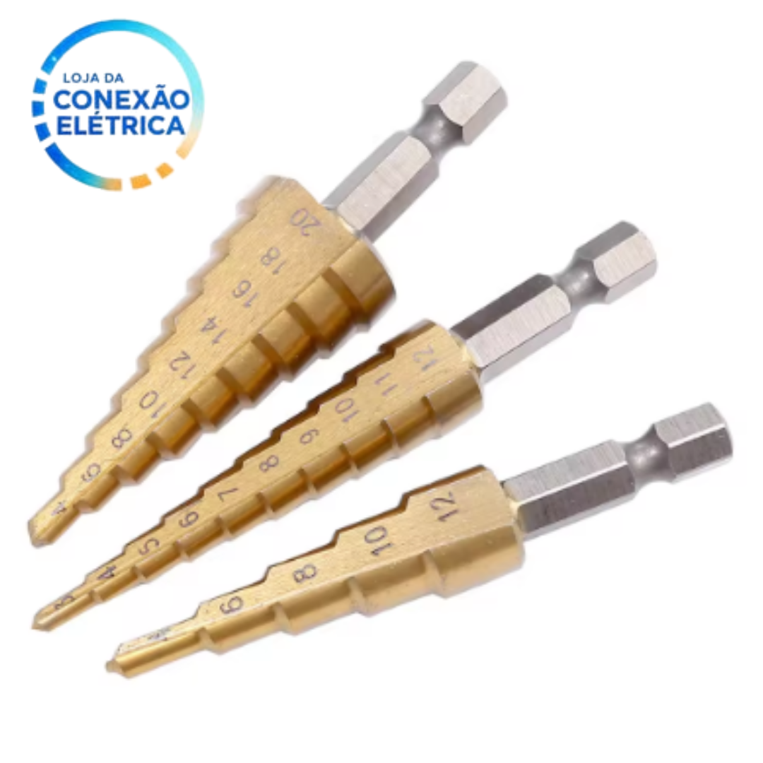 Kit 3 Brocas Escalonada 3-12mm, 4-12mm, 4-20mm - Loja da Conexão Elétrica