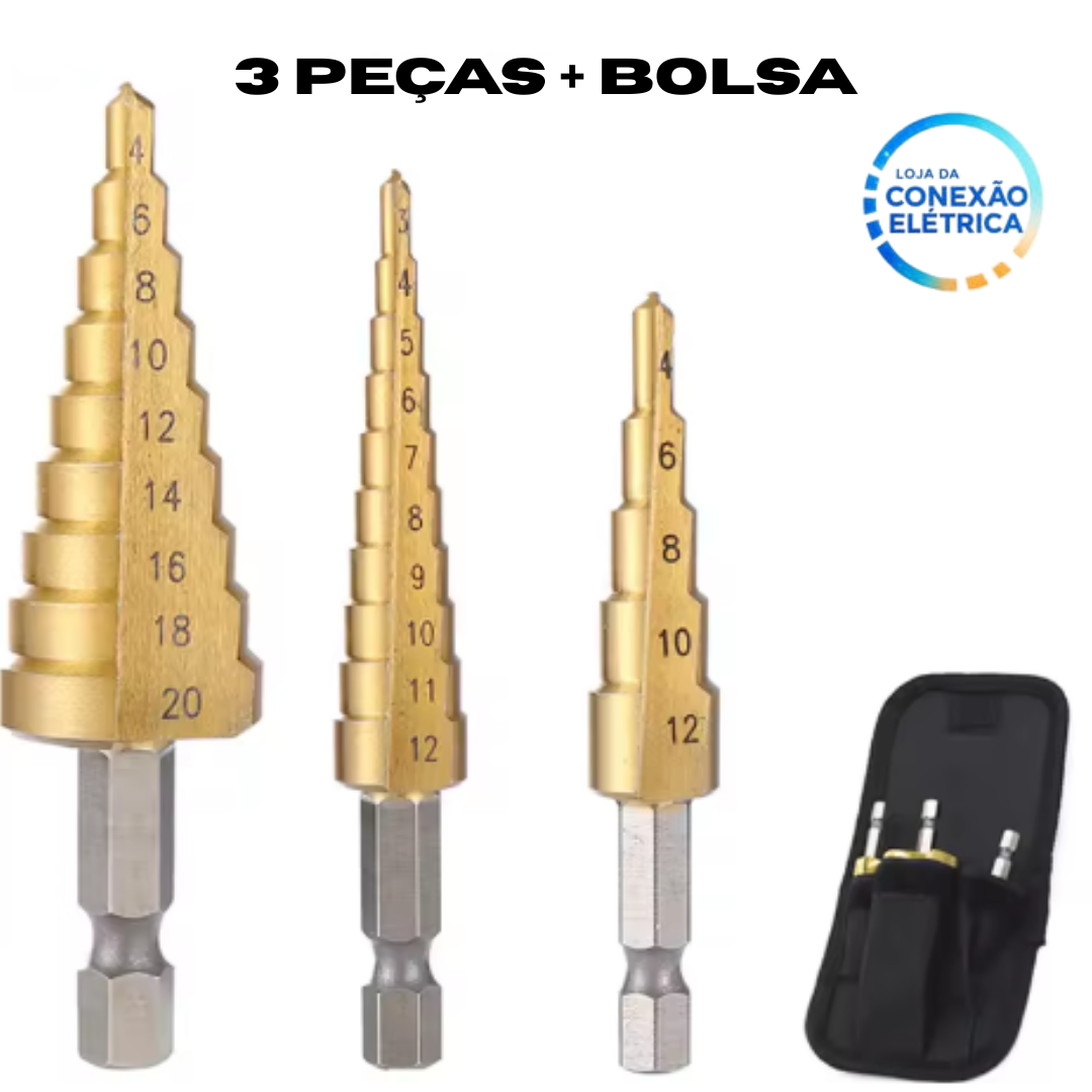 Kit 3 Brocas Escalonada 3-12mm, 4-12mm, 4-20mm - Loja da Conexão Elétrica