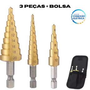 Kit 3 Brocas Escalonada 3-12mm, 4-12mm, 4-20mm - Loja da Conexão Elétrica