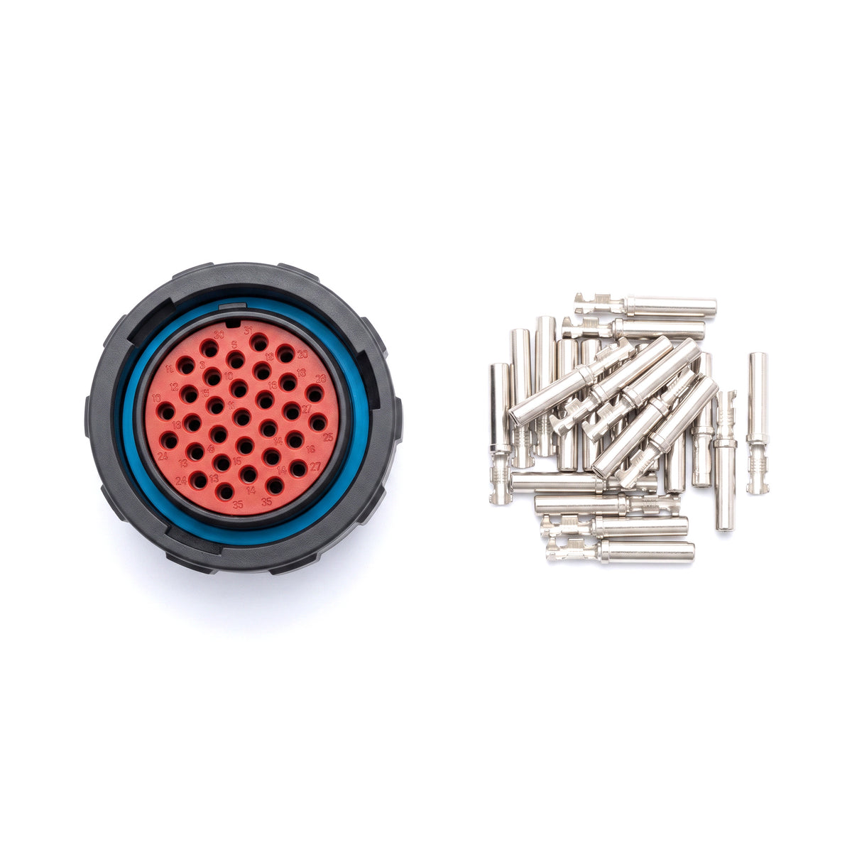Kit AHDP 31 vias fêmea: conector circular preto com vedação azul e 31 terminais fêmea size 16 sobre fundo branco