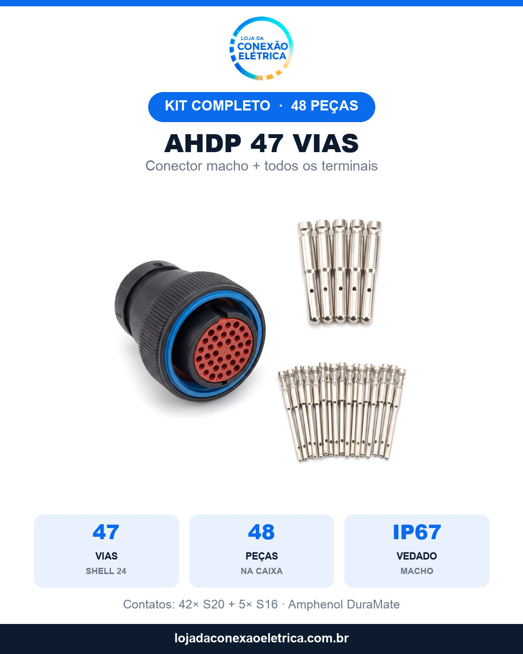 Peça de oferta do Kit AHDP 47 vias macho com as especificações