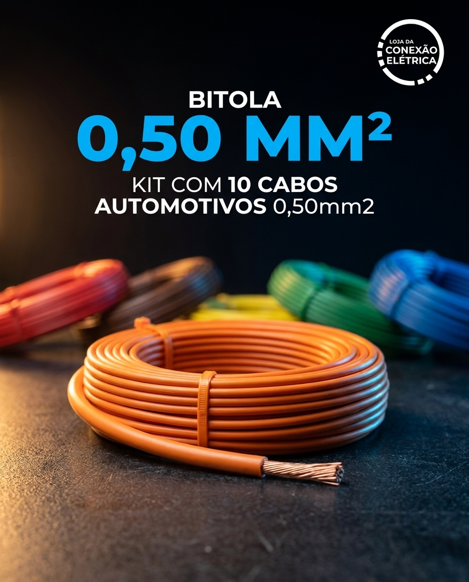 KIT COM 10 CABOS AUTOMOTIVOS 0,50mm2 – 10 METROS CADA (TOTAL 100 METROS)