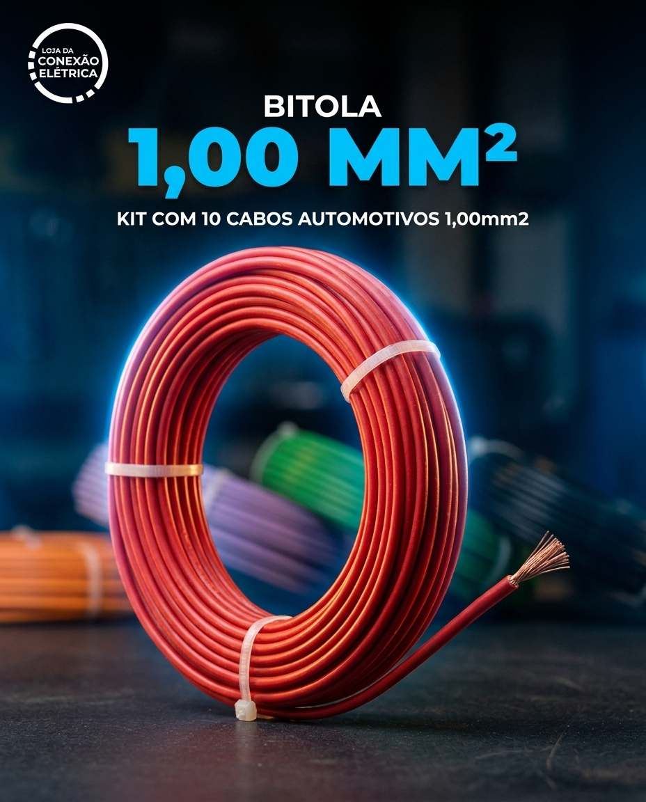 KIT COM 10 CABOS AUTOMOTIVOS 1,00mm2 – 10 METROS CADA (TOTAL 100 METROS)