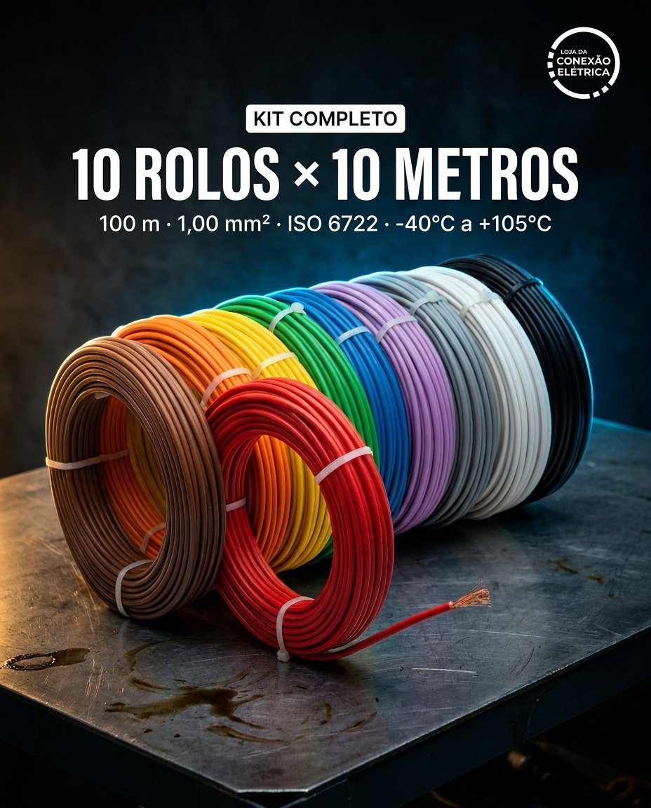 KIT COM 10 CABOS AUTOMOTIVOS 1,00mm2 – 10 METROS CADA (TOTAL 100 METROS)