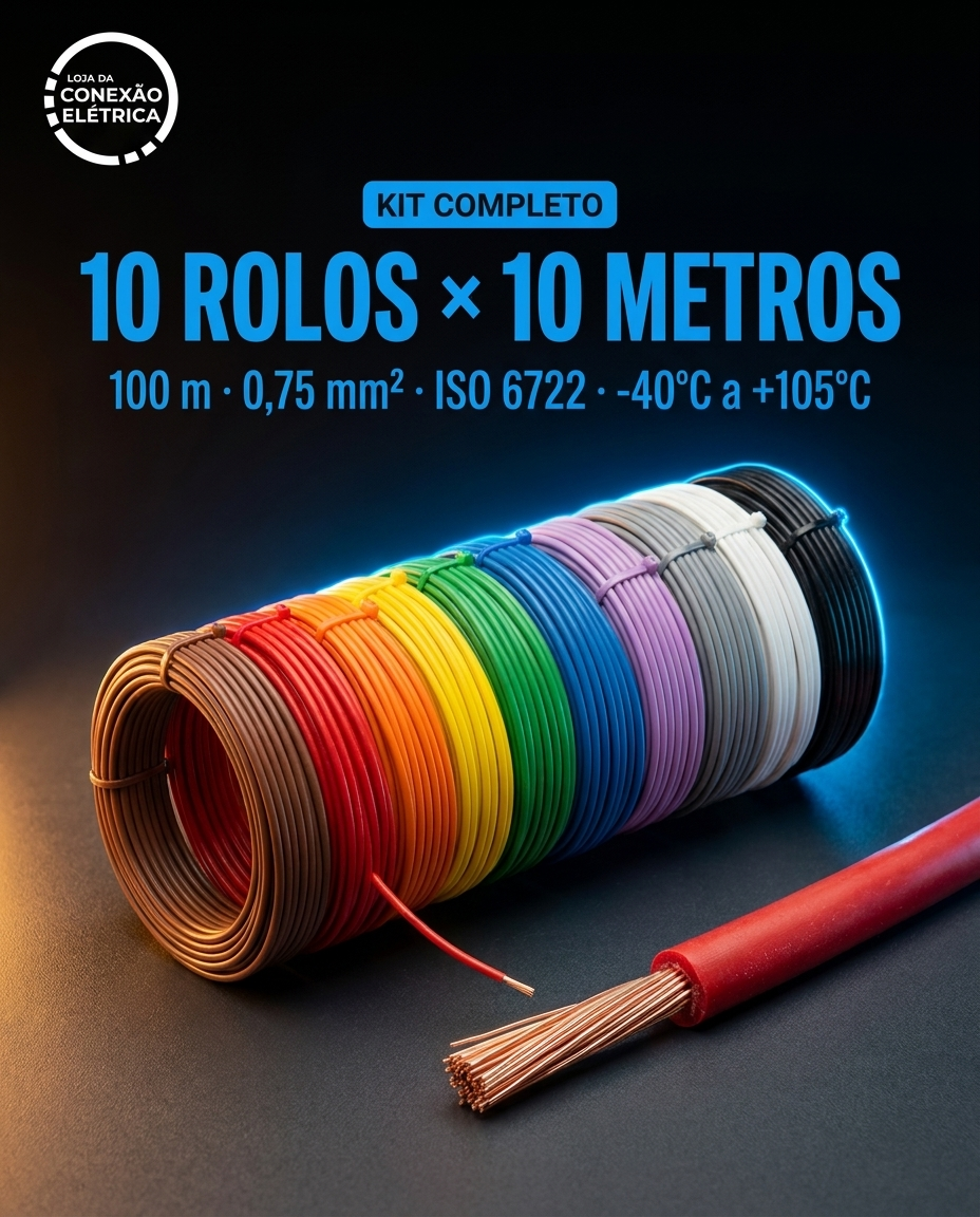 KIT COM 10 CABOS AUTOMOTIVOS 0,75mm2 – 10 METROS CADA (TOTAL 100 METROS)