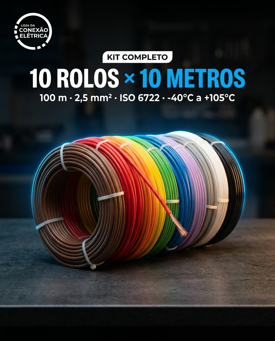 KIT COM 10 CABOS AUTOMOTIVOS 2,5mm2 – 10 METROS CADA (TOTAL 100 METROS)