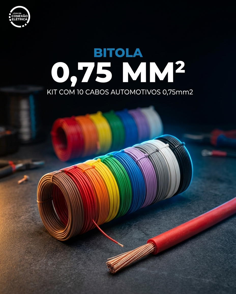 KIT COM 10 CABOS AUTOMOTIVOS 0,75mm2 – 10 METROS CADA (TOTAL 100 METROS)