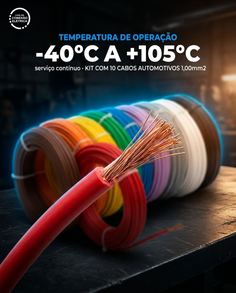 KIT COM 10 CABOS AUTOMOTIVOS 1,00mm2 – 10 METROS CADA (TOTAL 100 METROS)
