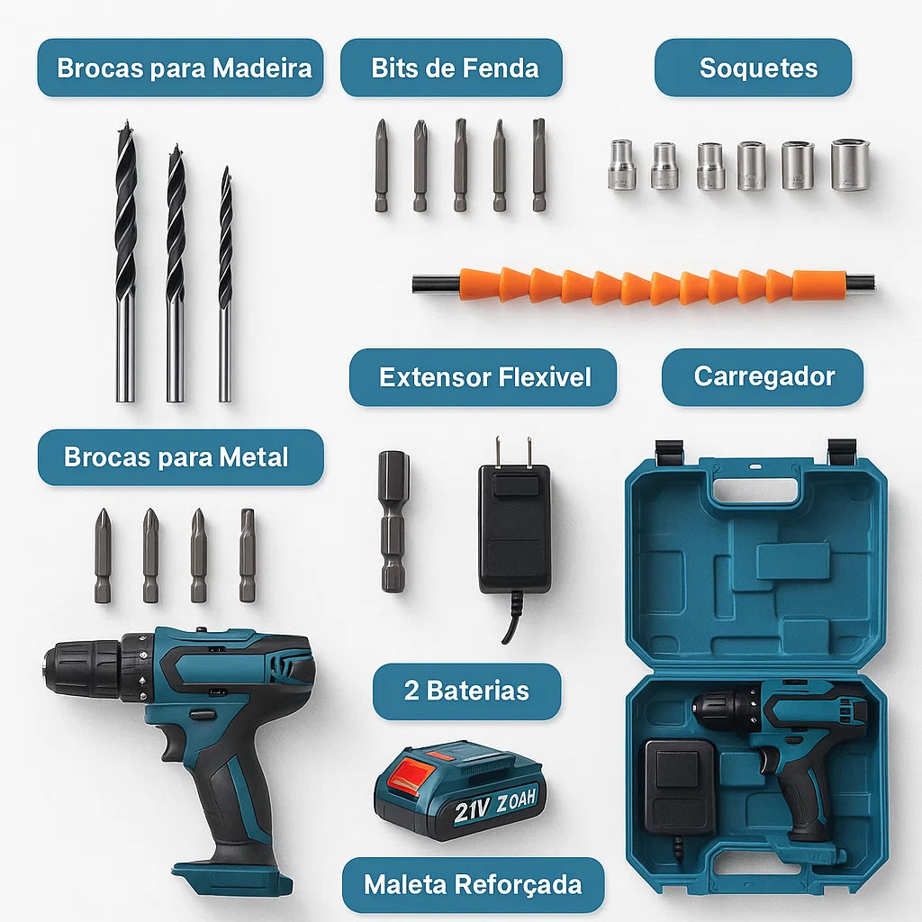 Kit Furadeira Parafusadeira Impacto Sem Fio 2 Baterias 21v