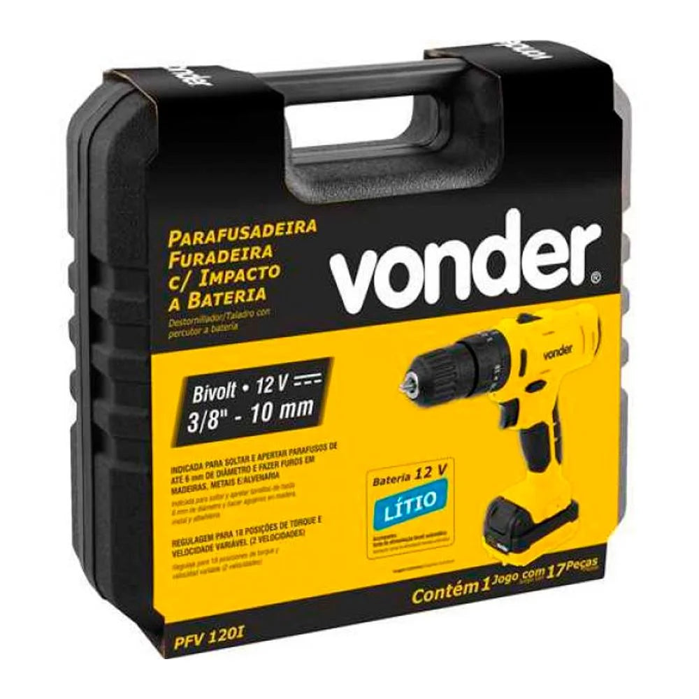 Parafusadeira/Furadeira de Impacto PFV120I a Bateria 12V 3/8 Pol. com Carregador Bivolt Maleta e Acessórios VONDER-PFV120I